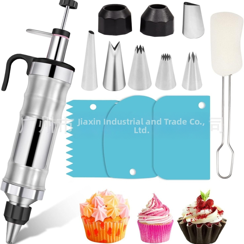 Dekoravimo šautuvas tortams ir sausainiams — rankinis kremas dekoravimo įrankis iš nerūdijančio plieno ir plastiko, modernus minimalistinis dizainas, komplekte antgalis ir maišelis