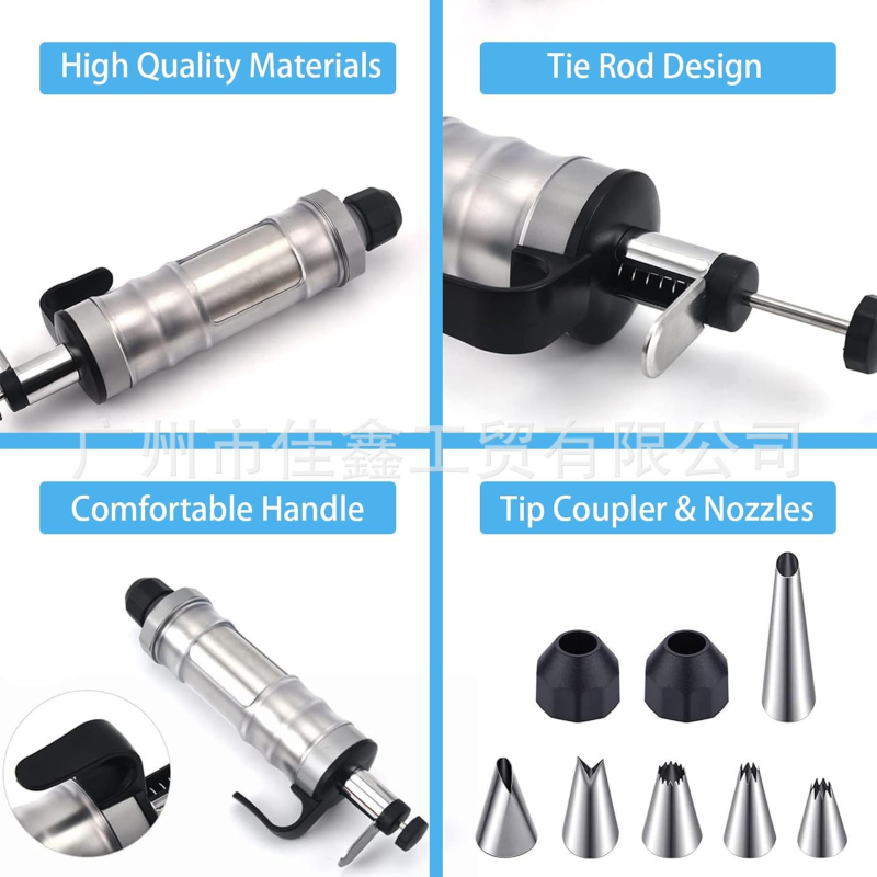 Dekoravimo šautuvas tortams ir sausainiams — rankinis kremas dekoravimo įrankis iš nerūdijančio plieno ir plastiko, modernus minimalistinis dizainas, komplekte antgalis ir maišelis