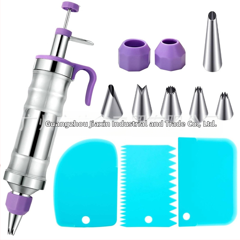 Dekoravimo šautuvas tortams ir sausainiams — rankinis kremas dekoravimo įrankis iš nerūdijančio plieno ir plastiko, modernus minimalistinis dizainas, komplekte antgalis ir maišelis