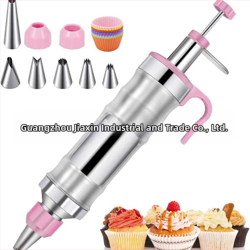 Dekoravimo šautuvas tortams ir sausainiams — rankinis kremas dekoravimo įrankis iš nerūdijančio plieno ir plastiko, modernus minimalistinis dizainas, komplekte antgalis ir maišelis