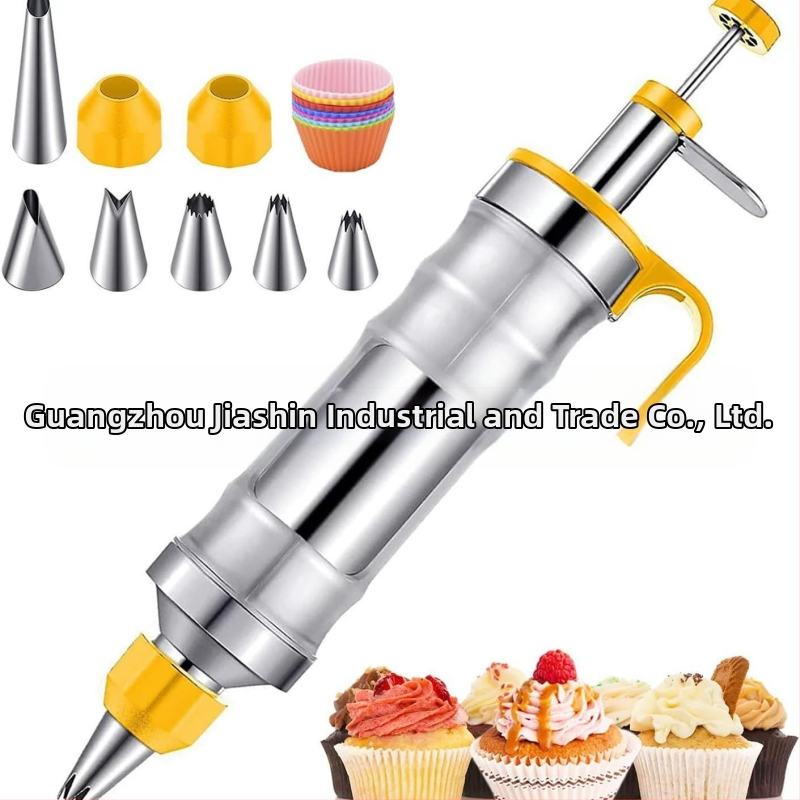 Dekoravimo šautuvas tortams ir sausainiams — rankinis kremas dekoravimo įrankis iš nerūdijančio plieno ir plastiko, modernus minimalistinis dizainas, komplekte antgalis ir maišelis