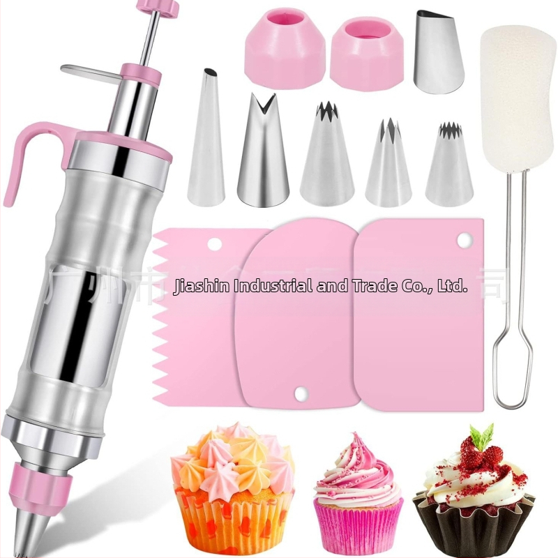 Dekoravimo šautuvas tortams ir sausainiams — rankinis kremas dekoravimo įrankis iš nerūdijančio plieno ir plastiko, modernus minimalistinis dizainas, komplekte antgalis ir maišelis