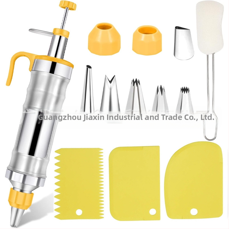 Dekoravimo šautuvas tortams ir sausainiams — rankinis kremas dekoravimo įrankis iš nerūdijančio plieno ir plastiko, modernus minimalistinis dizainas, komplekte antgalis ir maišelis