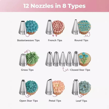 71 dalių torto dekoravimo rinkinys su pasukama platforma, dekoravimo antgaliai, dekoravimo maišelis ir kremas šepetėlis