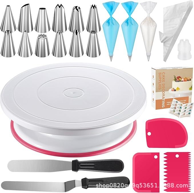 71 dalių torto dekoravimo rinkinys su pasukama platforma, dekoravimo antgaliai, dekoravimo maišelis ir kremas šepetėlis