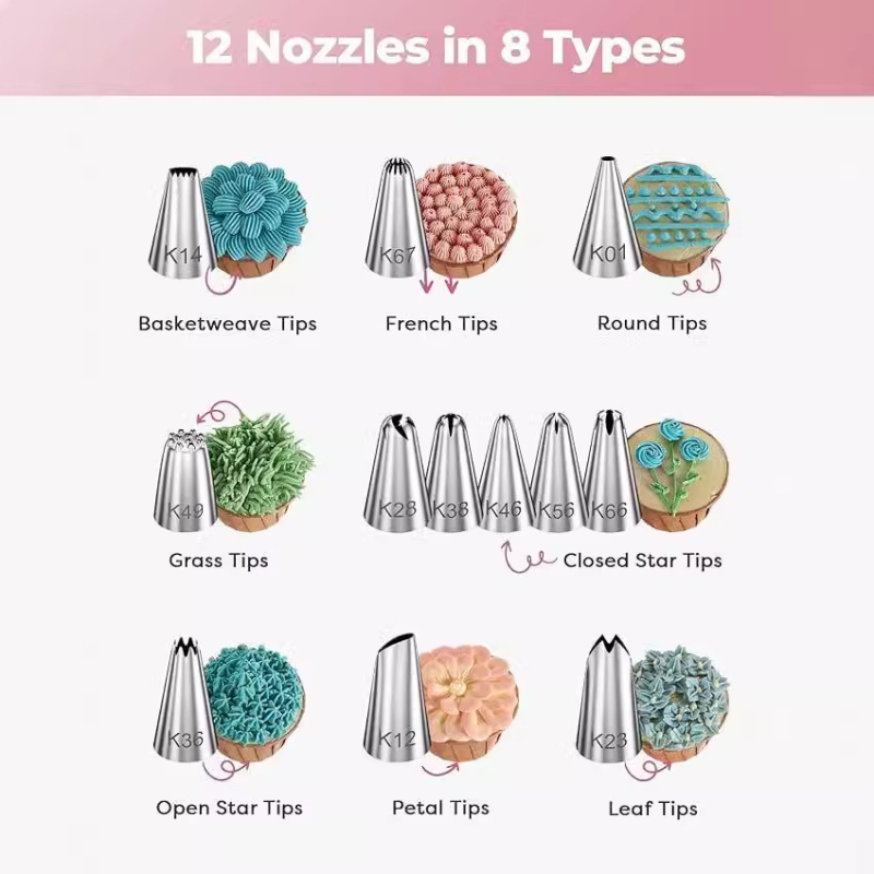 71 dalių torto dekoravimo rinkinys su pasukama platforma, dekoravimo antgaliai, dekoravimo maišelis ir kremas šepetėlis