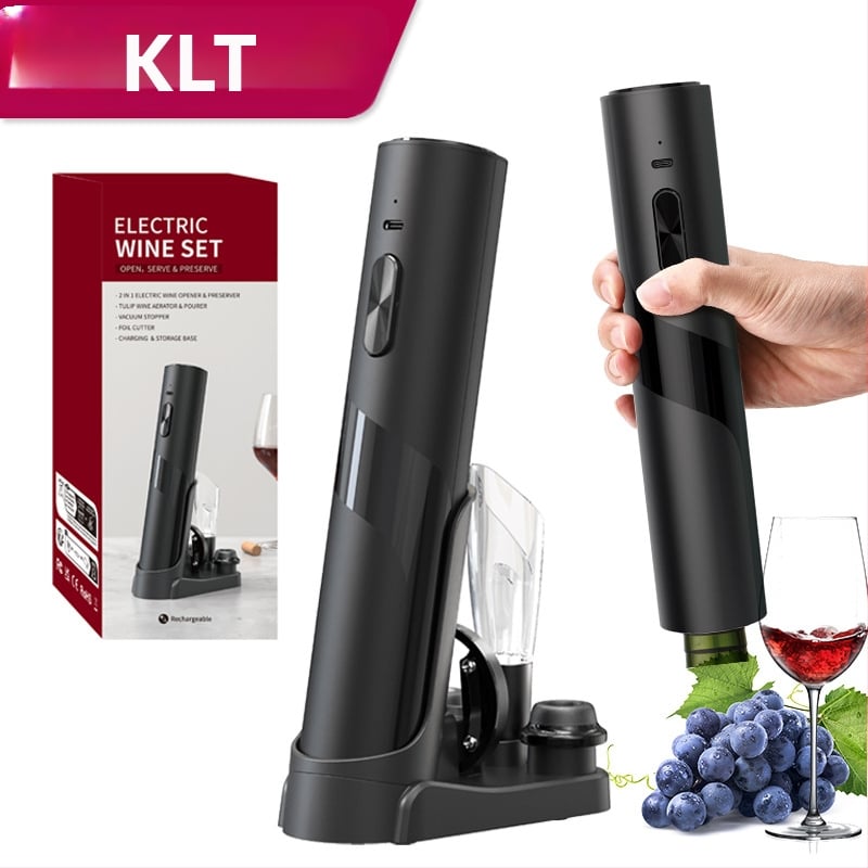 Vyno rinkinys, 5 dalių komplektas su vakuumo kamšteliu, vyno pylimo įranga, folijos pjovikliu, butelių atidarytuvu ir saugojimo pagrindu; plastmasinis medžiaga, lengvas prabangus retro stilius