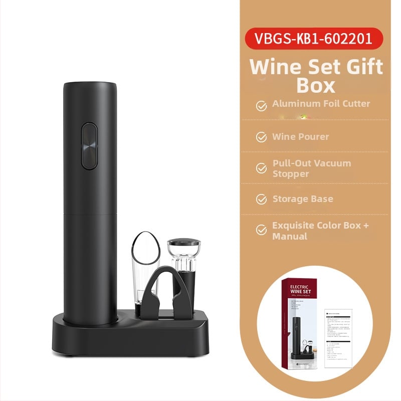 Vyno rinkinys, 5 dalių komplektas su vakuumo kamšteliu, vyno pylimo įranga, folijos pjovikliu, butelių atidarytuvu ir saugojimo pagrindu; plastmasinis medžiaga, lengvas prabangus retro stilius