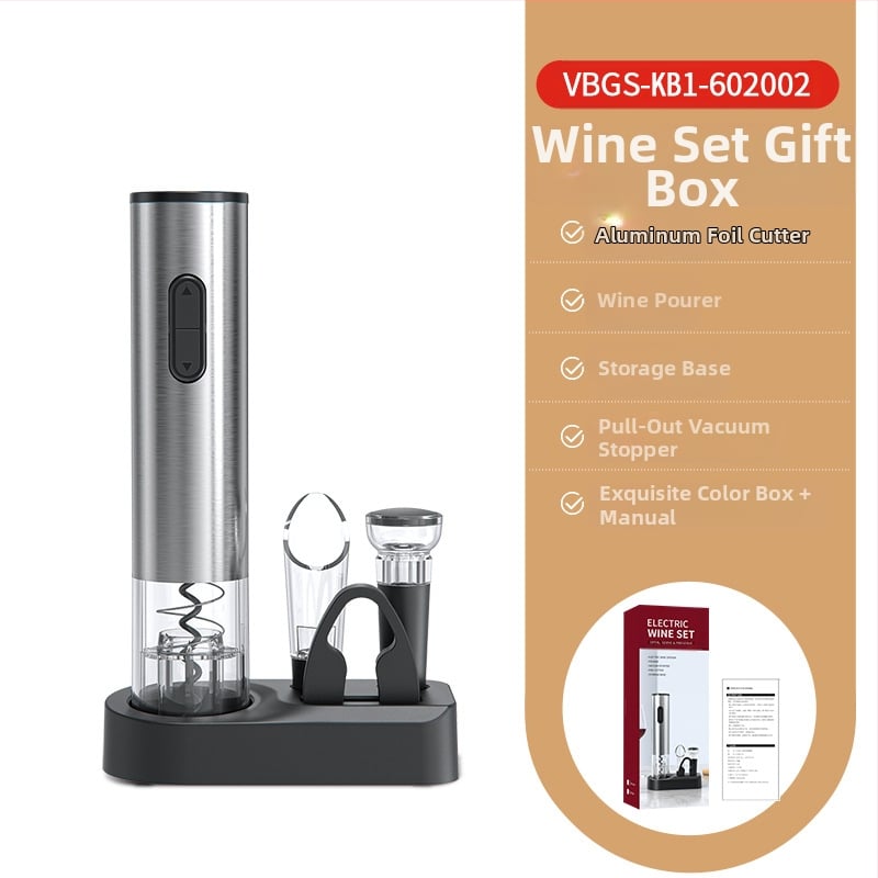 Vyno rinkinys, 5 dalių komplektas su vakuumo kamšteliu, vyno pylimo įranga, folijos pjovikliu, butelių atidarytuvu ir saugojimo pagrindu; plastmasinis medžiaga, lengvas prabangus retro stilius