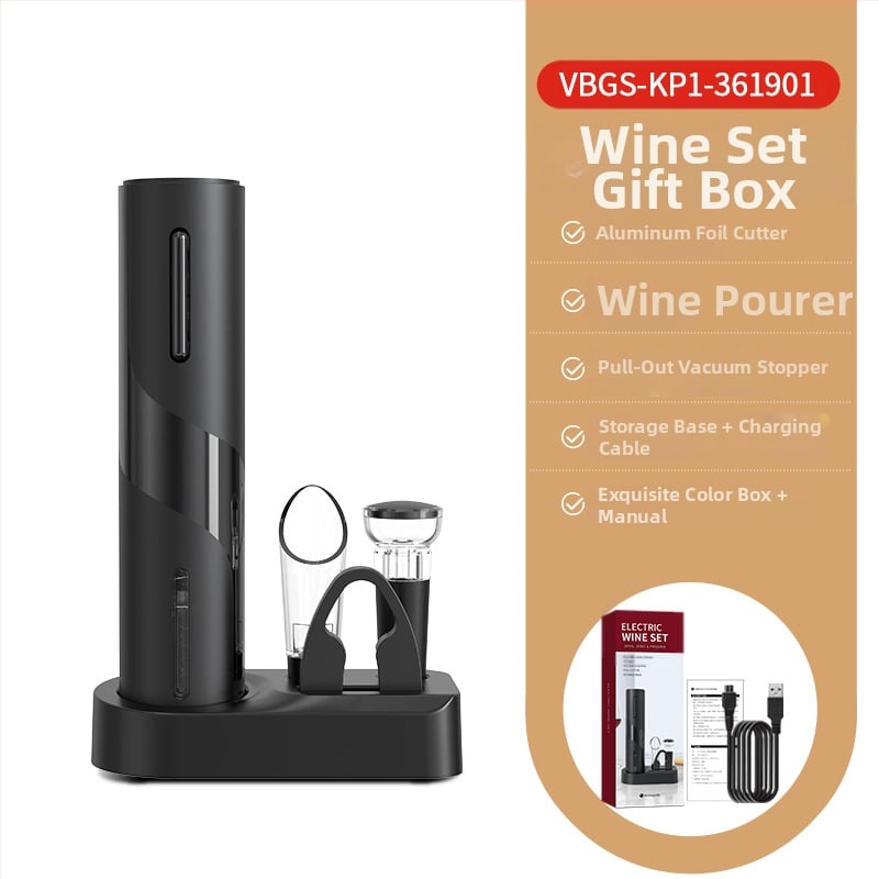 Vyno rinkinys, 5 dalių komplektas su vakuumo kamšteliu, vyno pylimo įranga, folijos pjovikliu, butelių atidarytuvu ir saugojimo pagrindu; plastmasinis medžiaga, lengvas prabangus retro stilius