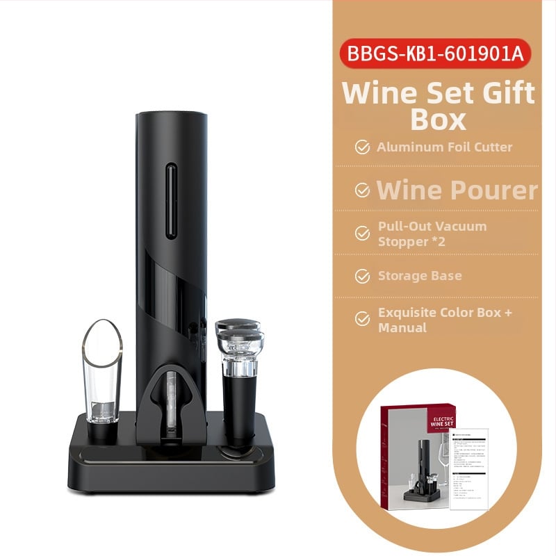 Vyno rinkinys, 5 dalių komplektas su vakuumo kamšteliu, vyno pylimo įranga, folijos pjovikliu, butelių atidarytuvu ir saugojimo pagrindu; plastmasinis medžiaga, lengvas prabangus retro stilius