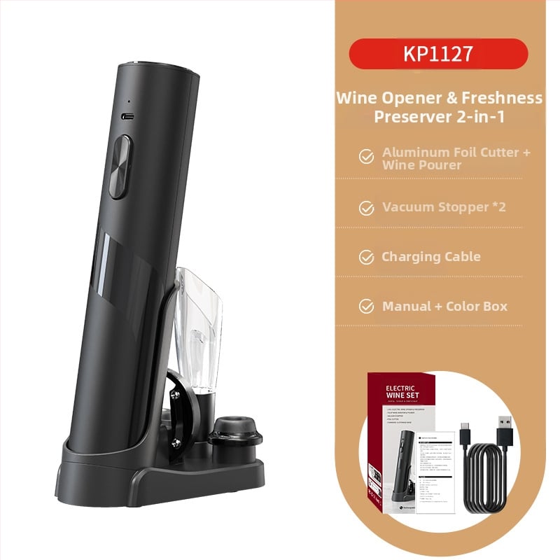 Vyno rinkinys, 5 dalių komplektas su vakuumo kamšteliu, vyno pylimo įranga, folijos pjovikliu, butelių atidarytuvu ir saugojimo pagrindu; plastmasinis medžiaga, lengvas prabangus retro stilius