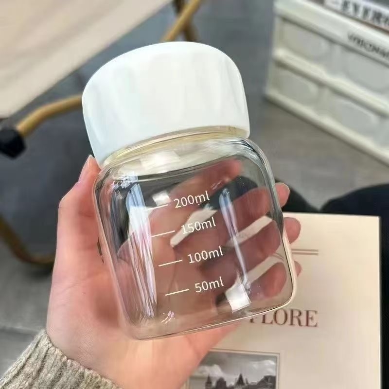 Pahar de apă din sticlă sodalime cu capac, rezistent la temperaturi înalte, etanș și anti-scurgere, protejează de arsură, un singur strat, rotund