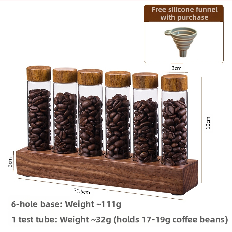 Kavos pupelių ekspozicinis stovas su graikinio riešuto medžio borosilikatiniais stiklainiais – uždara aromos saugykla