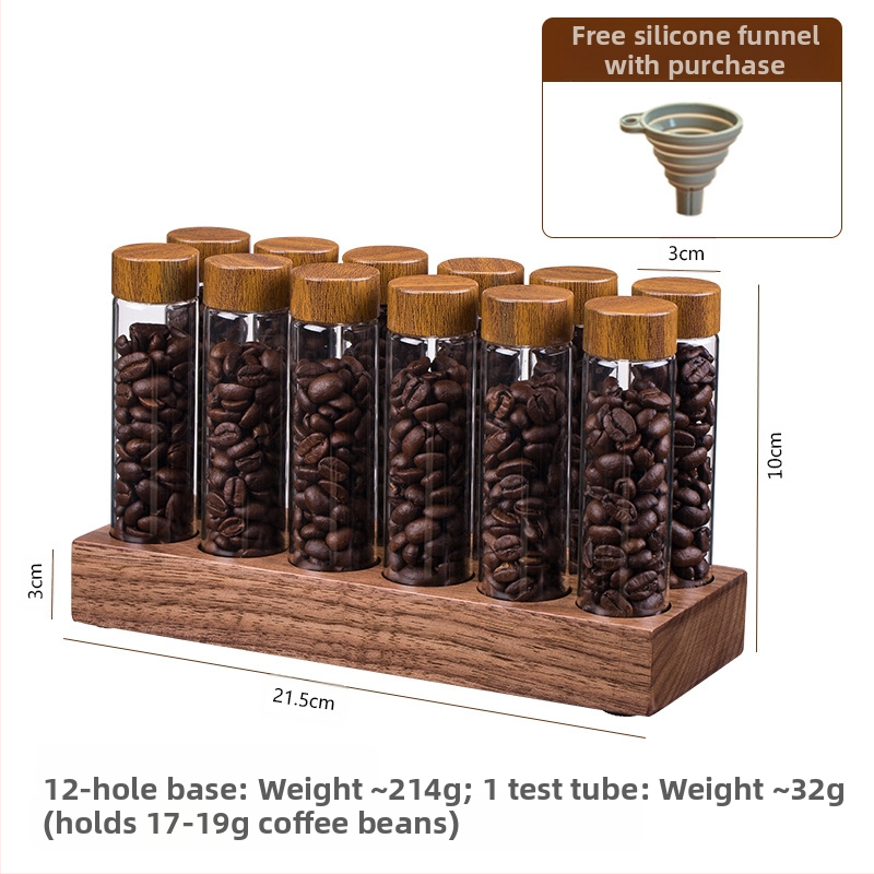 Kavos pupelių ekspozicinis stovas su graikinio riešuto medžio borosilikatiniais stiklainiais – uždara aromos saugykla