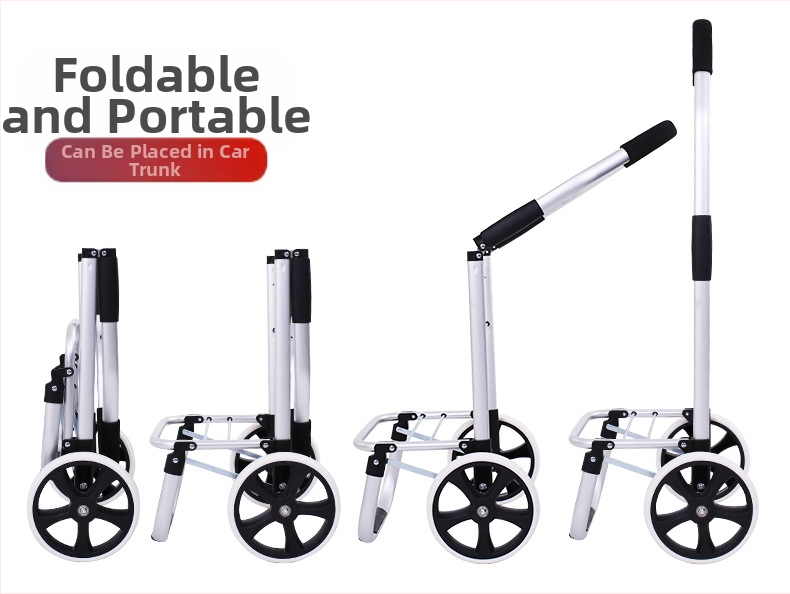 Skladateľný štvorkolový nákupný košík, prenášateľný ťahaný kočík, prispôsobiteľný pre domáce použitie