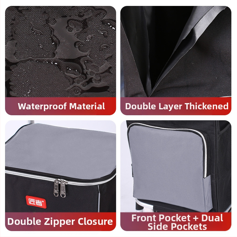 Skladateľný štvorkolový nákupný košík, prenášateľný ťahaný kočík, prispôsobiteľný pre domáce použitie