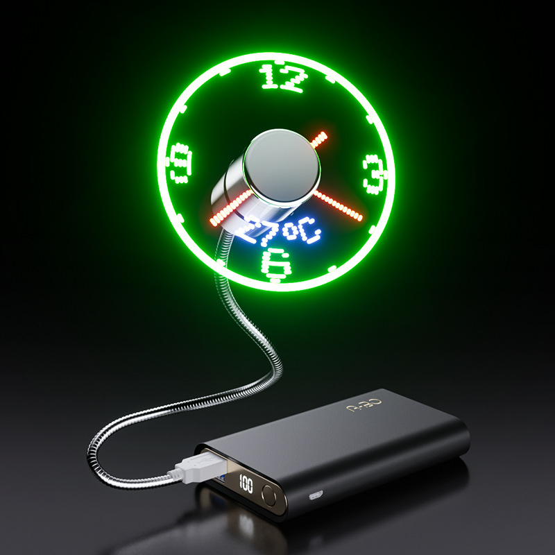 USB ventilator s vremenom u stvarnom vremenu i prikazom temperature, LED osvijetljeni zaslon s znakovima, upravljanje gumbom.