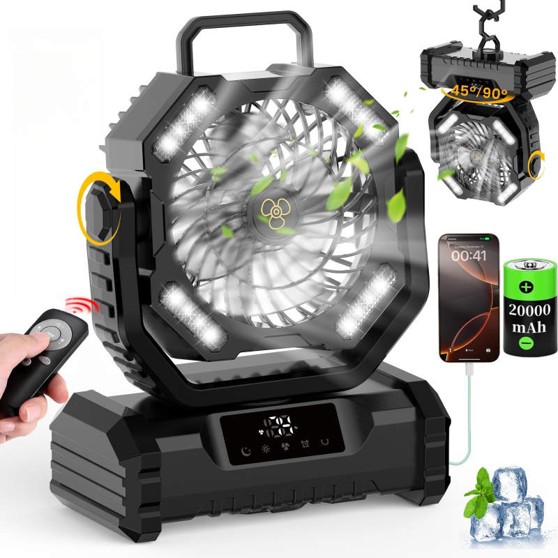 Къмпинг вентилатор с LED осветление — сензорно управление, тих режим ≤36dB, вградена 4000mAh батерия, работа над 12 часа