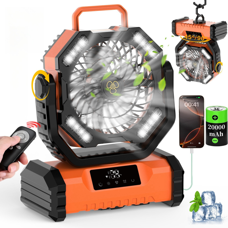 Къмпинг вентилатор с LED осветление — сензорно управление, тих режим ≤36dB, вградена 4000mAh батерия, работа над 12 часа