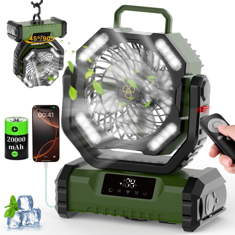 Къмпинг вентилатор с LED осветление — сензорно управление, тих режим ≤36dB, вградена 4000mAh батерия, работа над 12 часа