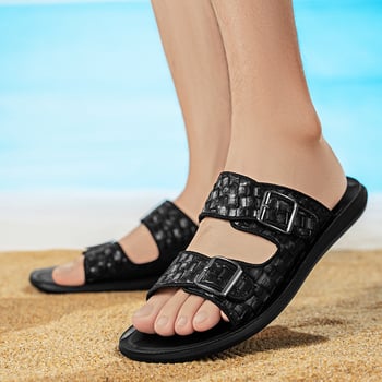 Vyriski vasaros sandalai, PU viršutinė dalis ir PU padas, neslidūs, slip-on su dvigubomis sagtimis, 2,5 cm storas padas, apvalus pirštų galiukas