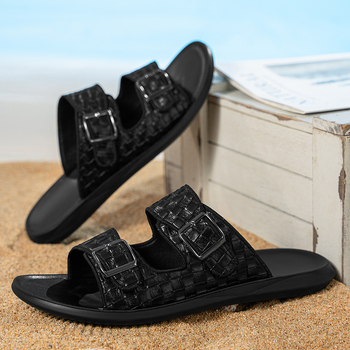 Vyriski vasaros sandalai, PU viršutinė dalis ir PU padas, neslidūs, slip-on su dvigubomis sagtimis, 2,5 cm storas padas, apvalus pirštų galiukas