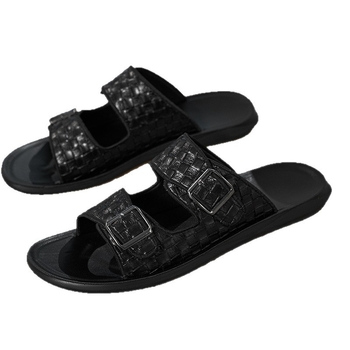 Vyriski vasaros sandalai, PU viršutinė dalis ir PU padas, neslidūs, slip-on su dvigubomis sagtimis, 2,5 cm storas padas, apvalus pirštų galiukas