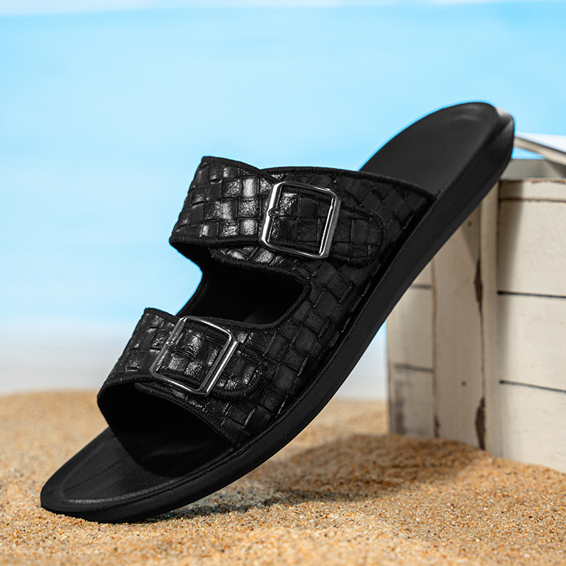 Vyriski vasaros sandalai, PU viršutinė dalis ir PU padas, neslidūs, slip-on su dvigubomis sagtimis, 2,5 cm storas padas, apvalus pirštų galiukas