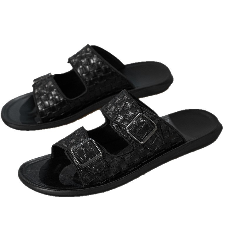 Vyriski vasaros sandalai, PU viršutinė dalis ir PU padas, neslidūs, slip-on su dvigubomis sagtimis, 2,5 cm storas padas, apvalus pirštų galiukas