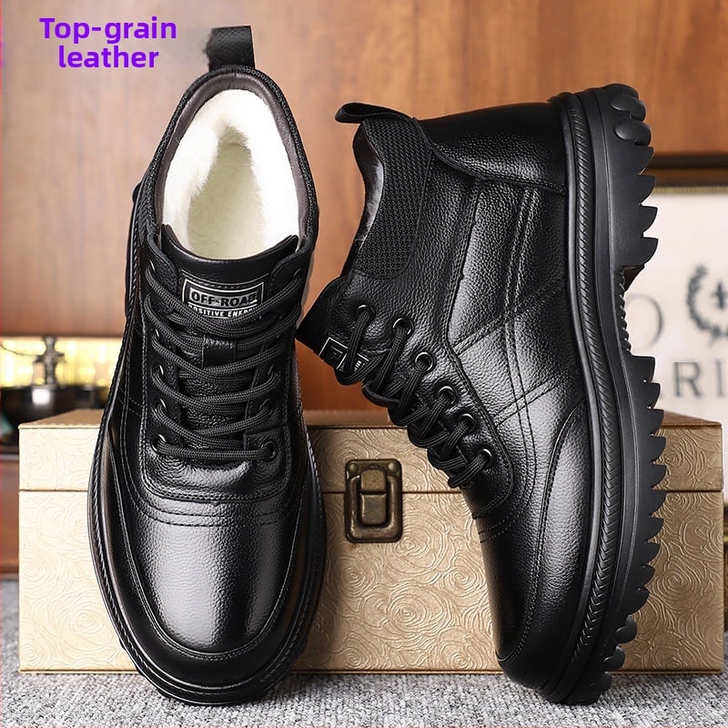 Ανδρικά χειμωνιάτικα παντόφλια από δέρμα αγελάδας πρώτης στρώσης, ψηλά, με καουτσούκ σόλα, κορδόνια, ζεστά και μη ολισθηρά, στρογγυλή μύτη