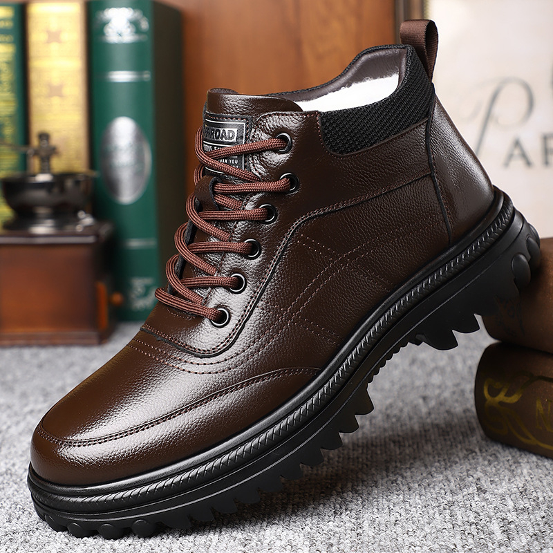 Ανδρικά χειμωνιάτικα παντόφλια από δέρμα αγελάδας πρώτης στρώσης, ψηλά, με καουτσούκ σόλα, κορδόνια, ζεστά και μη ολισθηρά, στρογγυλή μύτη