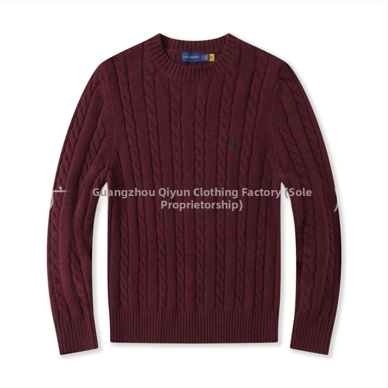 Пуловер с кръгло деколте, плътна вълна, смес вълна и памук, бродерия, дълги ръкави