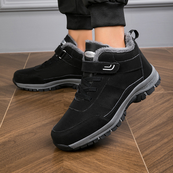 Žieminiai vyriški sniego batai, vandeniui atsparus odinis viršus, pūkuota įdaila, gumos padas, žemas kulnas