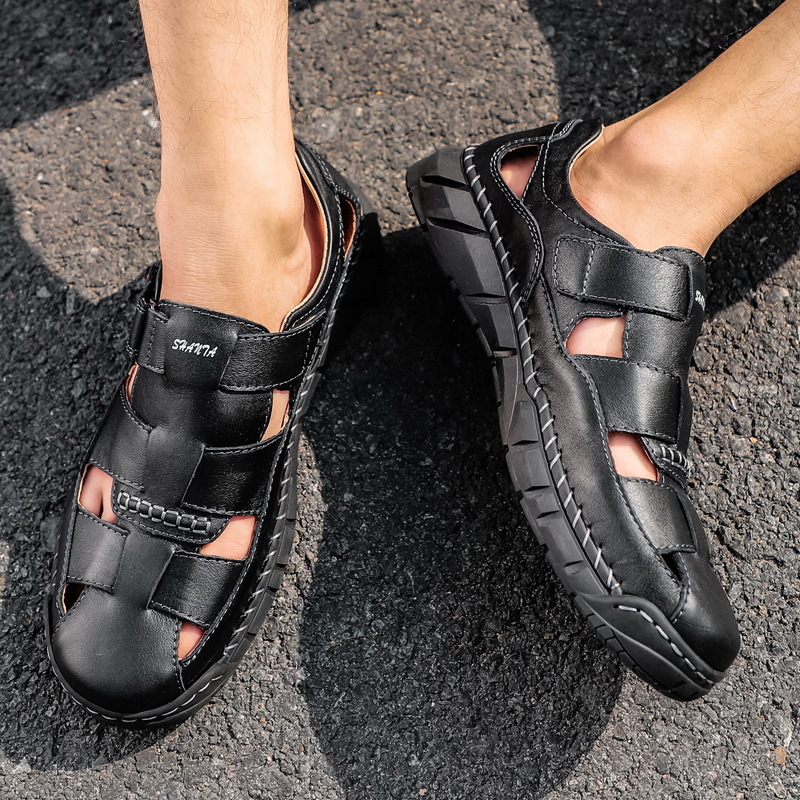 Vyriniai Velcro sandalai, viršus iš karvių odos, guma padas, kvėpuojantys, vasariniai laisvalaikio bateliai