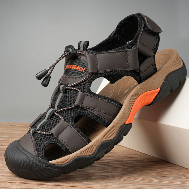 Vyriniai sandalai su PU viršutine dalimi, gumine padas, kvėpuojantys, kasdienio laisvalaikio stilius, elastinė juostelė