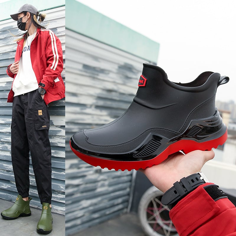 Vyriski PVC lietaus batai, žemo silueto, su tinkline vidine danga, priešslidūs ir atsparūs dėvėjimui padas