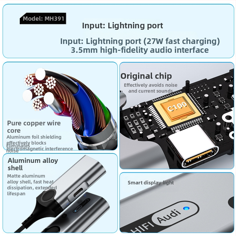 HCINOO MH391/MH392 dvojitý audio adaptér s nabíjaním, kompatibilný s Apple x-14