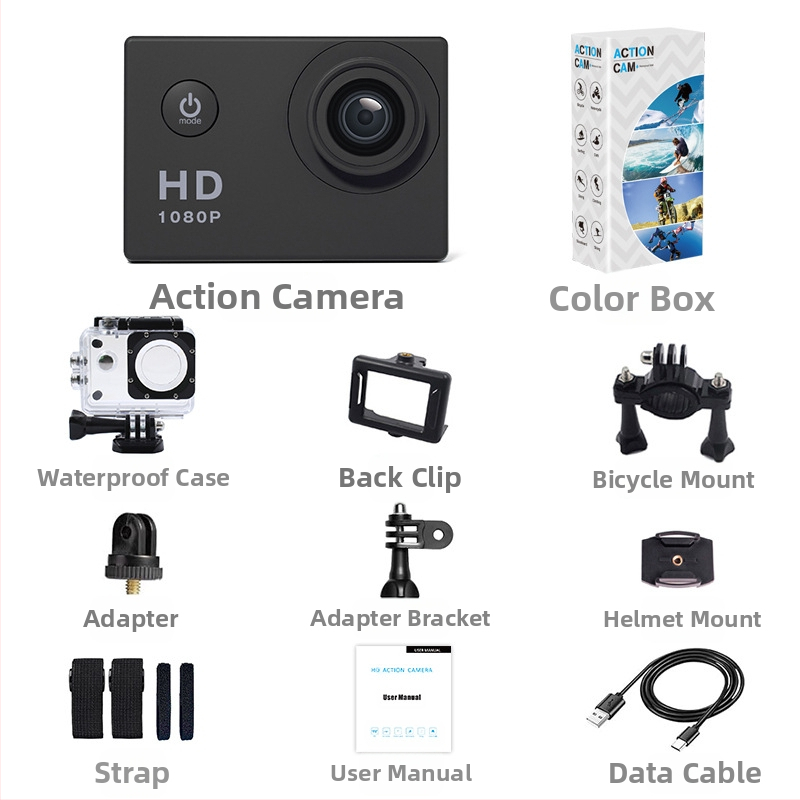 Sport akciókamera: 1080p HD videó, Wi-Fi, vízálló stabilizációval, TF/SD kártya támogatás, akkumulátor élettartam 90-120 perc