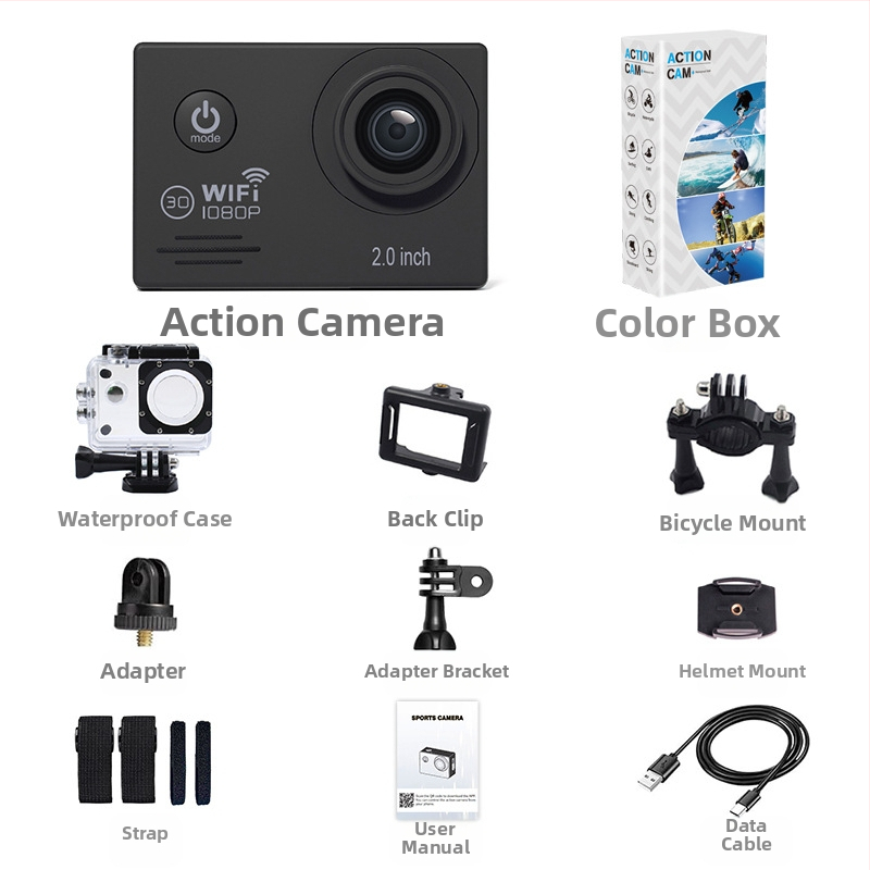 Sport akciókamera: 1080p HD videó, Wi-Fi, vízálló stabilizációval, TF/SD kártya támogatás, akkumulátor élettartam 90-120 perc