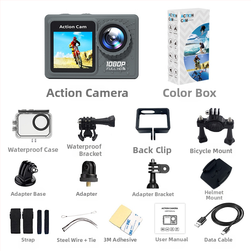 Sport akciókamera: 1080p HD videó, Wi-Fi, vízálló stabilizációval, TF/SD kártya támogatás, akkumulátor élettartam 90-120 perc