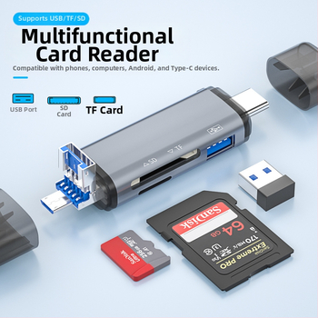 Cititor OTG pentru carduri – 6 în 1 SD/TF, USB 3.0, interfață USB-C, aliaj de aluminiu, portabil