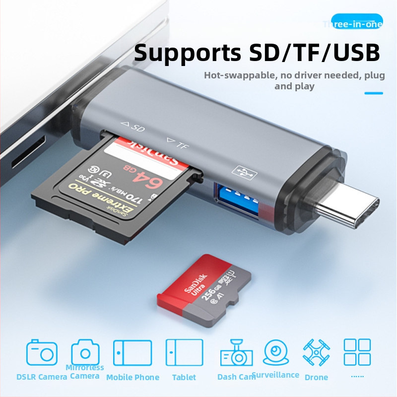 OTG четец за карти – 6-в-1 SD/TF, USB 3.0 порт, USB-C интерфейс, алуминиева сплав, преносим