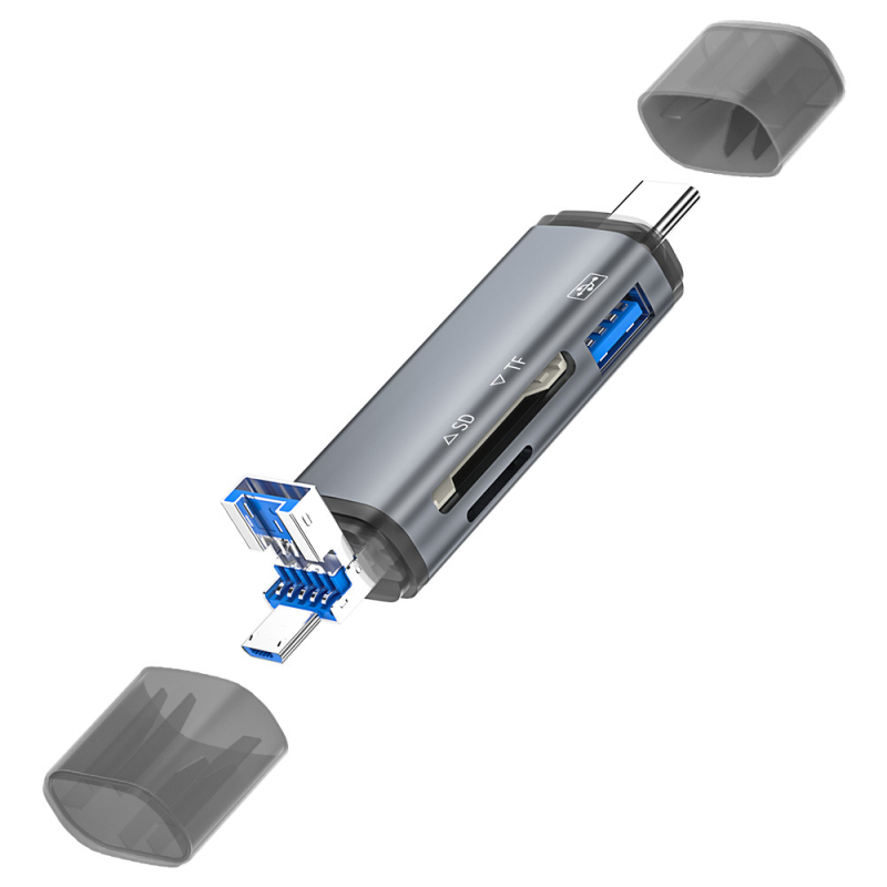 Cititor OTG pentru carduri – 6 în 1 SD/TF, USB 3.0, interfață USB-C, aliaj de aluminiu, portabil