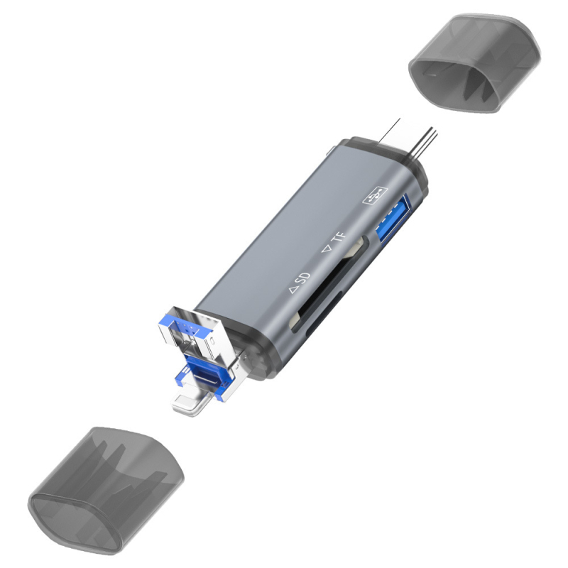 Cititor OTG pentru carduri – 6 în 1 SD/TF, USB 3.0, interfață USB-C, aliaj de aluminiu, portabil