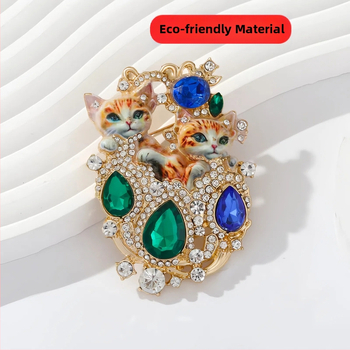 Καρφίτσα γάτας με διπλό σχέδιο, διακοσμημένη με διαμάντια, κράμα ψευδάργύρου, μεσαιωνικό στυλ, unisex