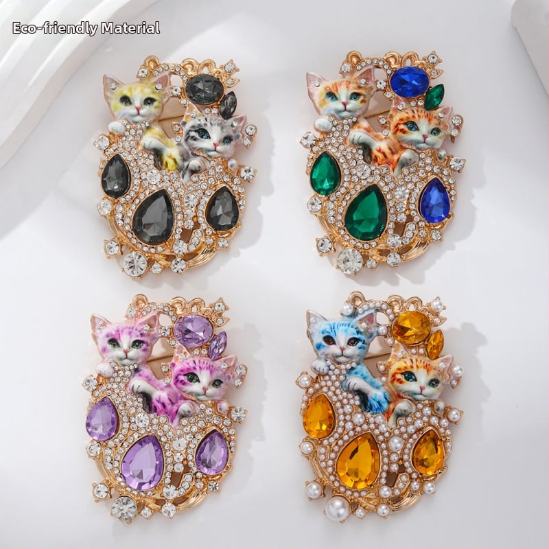 Брошка с две котки, ретро стил, инкрустирани диаманти, цинкова сплав, унисекс, средновековен стил