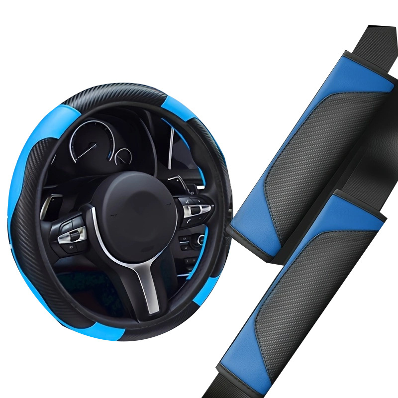 Μοντέρνο επιχειρηματικό στυλ: Μαξιλαράκια ζώνης ασφαλείας από ανθρακονήματα και κάλυμμα τιμονιού από συνθετικό δέρμα, καθολική εφαρμογή, διάμετρος 38 cm, για όλες τις εποχές