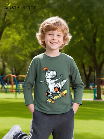 Tricou cu mâneci lungi din bumbac tricotat, imprimeu desen animat, pentru băieți 3–8 ani, toamnă 2025, stil european-american