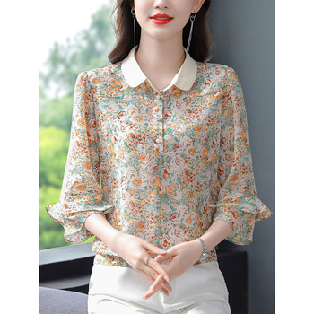 Bluza floral din chiffon pentru femei – guler polo, imprimeu, mâneci 7/8, Vară 2023